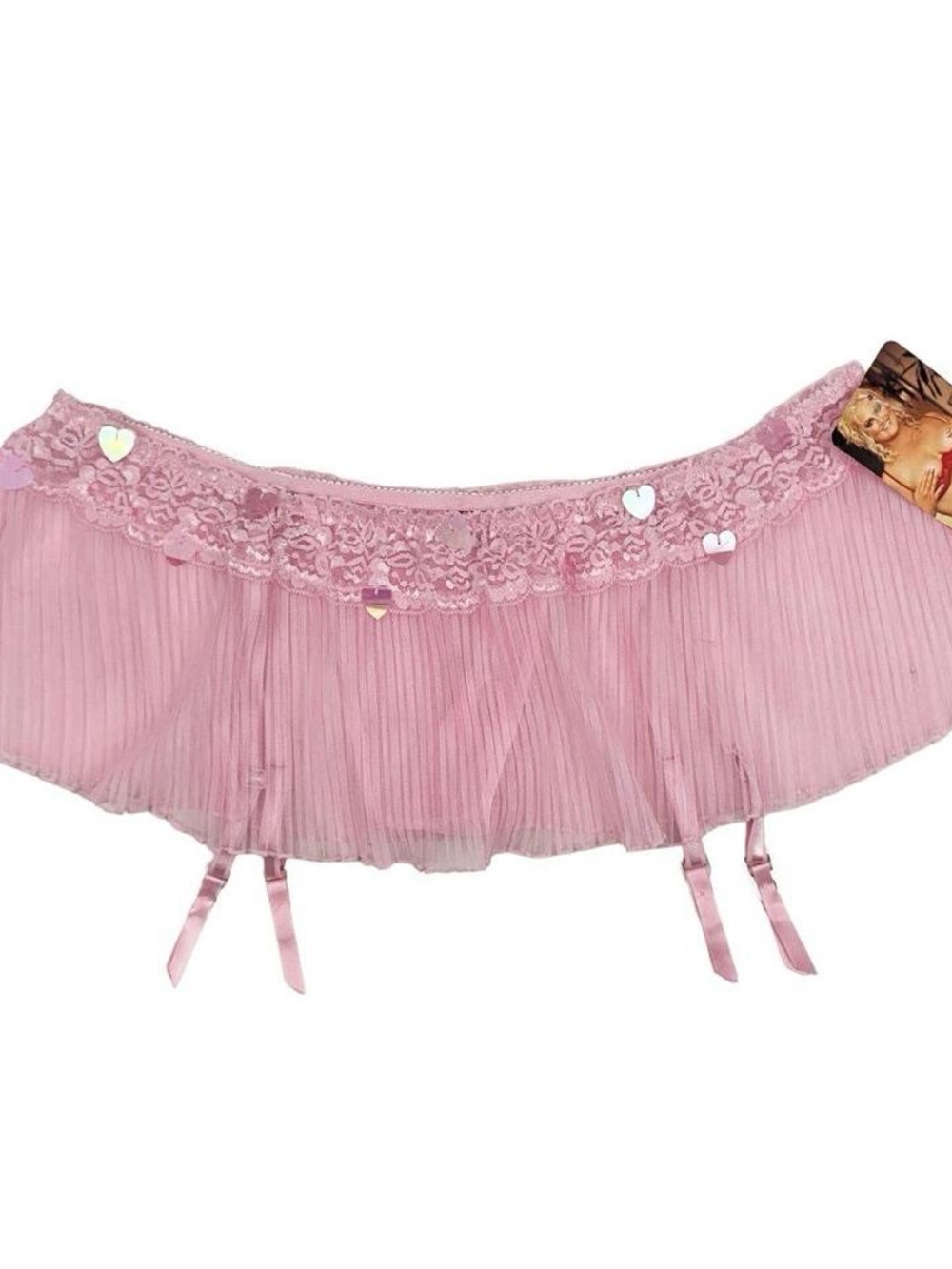 Baby Pink Lace Embellished Pleated Garter Belt